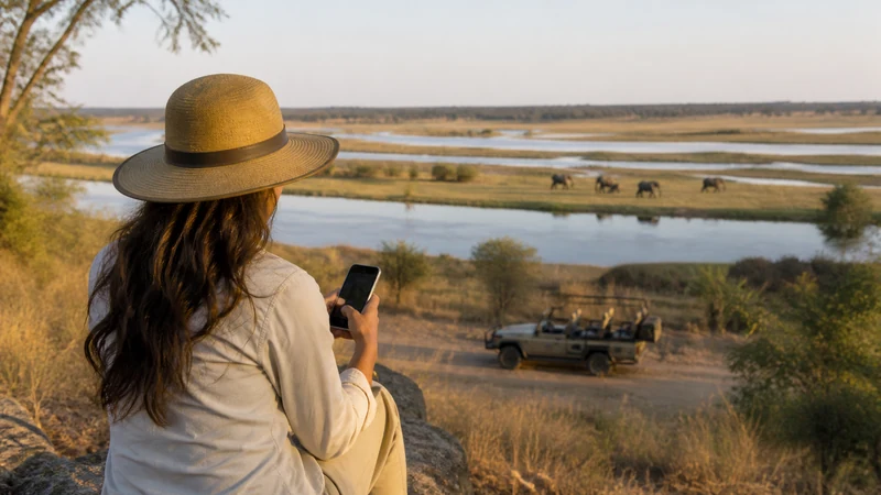Traveller with phone overlooking Chobe river.