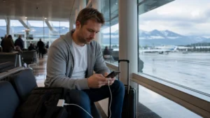 Traveller using a smartphone during mobile internet in cluj airport in Romania.
