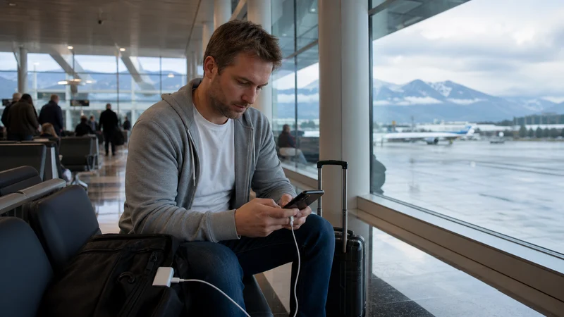 Traveller using a smartphone during mobile internet in cluj airport in Romania.