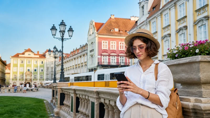 Traveller using a smartphone during mobile internet in cluj-napoca in Romania.