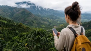 Traveller using a smartphone in Colombia for will your phone work in colombia’s coffee region?