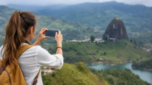 Traveller using a smartphone in Colombia for mobile internet for backpacking around colombia
