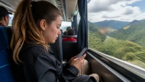 Traveller using a smartphone in Colombia for using maps and mobile data on colombia’s buses