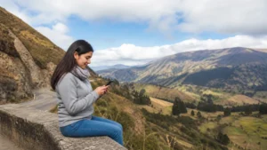 Traveller using a smartphone in Colombia for mobile data near the colombia–ecuador border