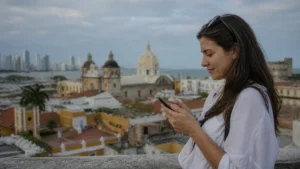 Traveller using a smartphone in Colombia for setting up a colombia esim on android