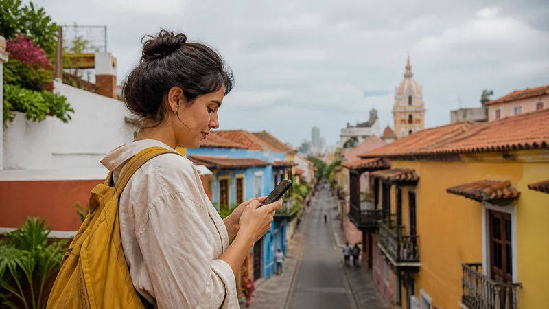 Traveller using a smartphone in Colombia for keeping the family connected in colombia