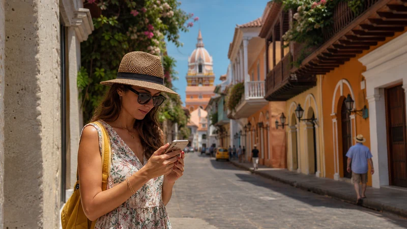 Traveller using a smartphone in Colombia for staying connected on a longer visit to colombia