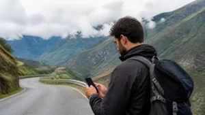 Traveller using a smartphone in Colombia for mobile coverage beyond colombia’s main cities