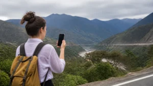 Traveller using a smartphone in Colombia for how to prepare your phone for a colombia road trip