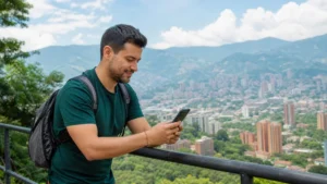 Traveller using a smartphone in Colombia for staying connected on a colombia nature trip
