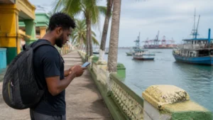 Traveller using a smartphone in Panama for colon mobile internet