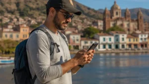 Traveller using a smartphone in Bolivia while researching mobile internet in copacabana, bolivia