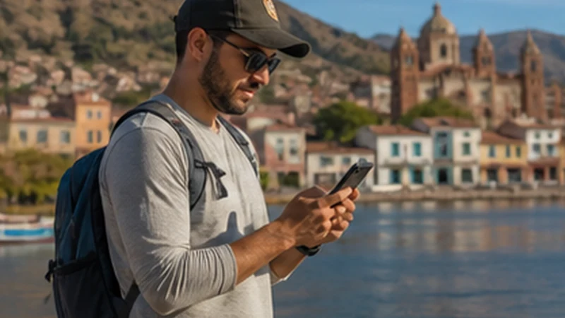 Traveller using a smartphone in Bolivia while researching mobile internet in copacabana, bolivia