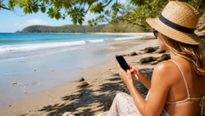 Traveller using a smartphone in Costa Rica for mobile data for a costa rica beach holiday