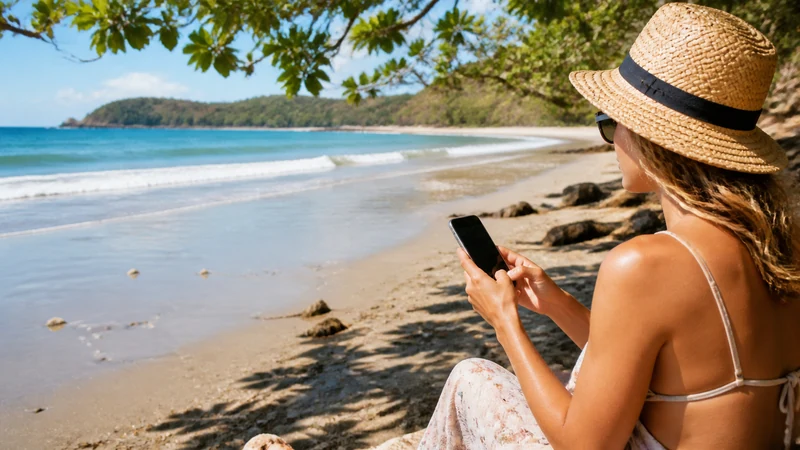 Traveller using a smartphone in Costa Rica for mobile data for a costa rica beach holiday