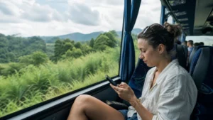 Traveller using a smartphone in Costa Rica for using maps and mobile data on costa rica’s buses
