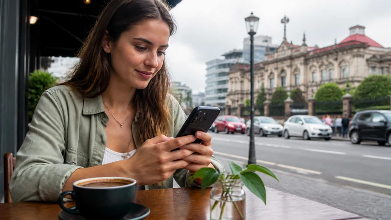 Traveller using a smartphone in Costa Rica for how to set up a costa rica esim on android