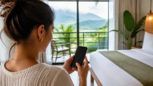 Traveller using a smartphone in Costa Rica for how to set up a costa rica esim on iphone