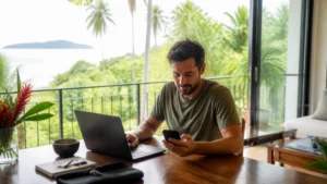 Traveller using a smartphone in Costa Rica for staying connected during a longer visit to costa rica