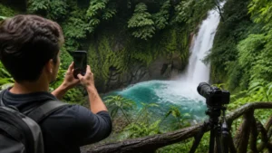 Traveller using a smartphone in Costa Rica for mobile internet for photographing costa rica