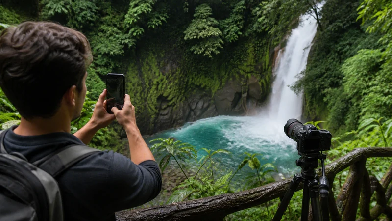 Traveller using a smartphone in Costa Rica for mobile internet for photographing costa rica