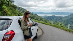 Traveller using a smartphone in Costa Rica for how to prepare your phone for a costa rica road trip