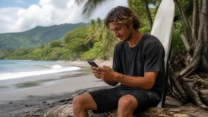 Traveller using a smartphone in Costa Rica for mobile data for a surf trip around costa rica