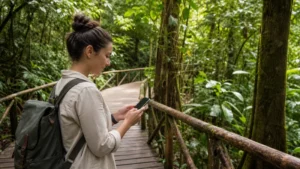 Traveller using a smartphone in Costa Rica for staying connected on a costa rica wildlife trip