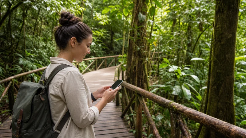 Traveller using a smartphone in Costa Rica for staying connected on a costa rica wildlife trip