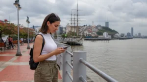 Traveller using a smartphone in Ecuador for cotopaxi mobile internet
