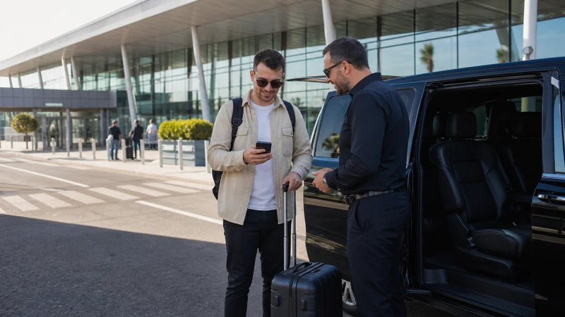 Traveller using a smartphone during cyprus airport transfer mobile internet guide