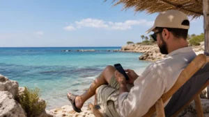 Traveller using a smartphone while exploring cyprus beaches mobile internet