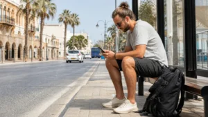 Traveller using a smartphone during cyprus budget travel internet