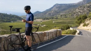 Traveller using a smartphone while exploring cyprus cycling mobile internet