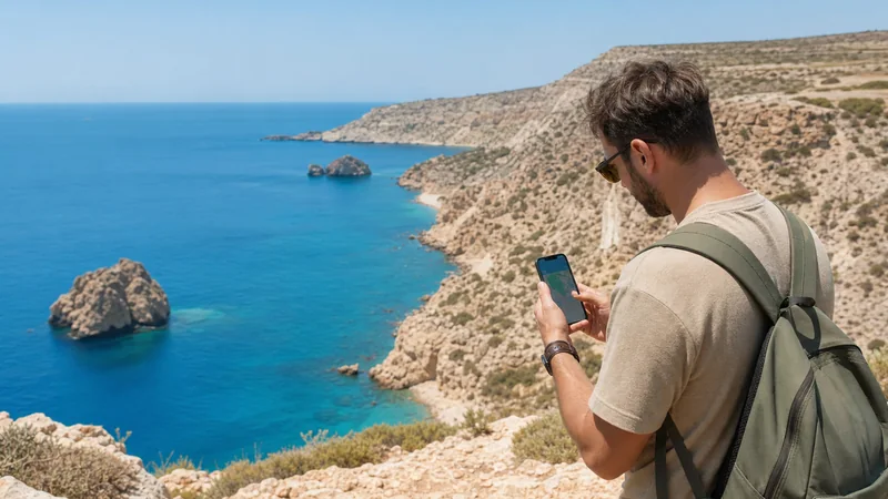 Traveller checking a coverage map on the Cyprus coast