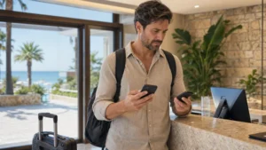 Traveller comparing a smartphone and pocket WiFi in Cyprus