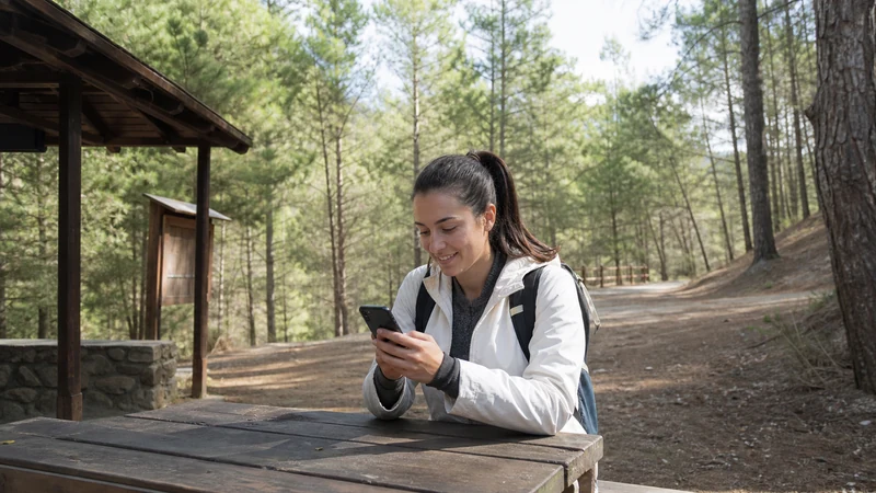 Traveller using a smartphone while exploring cyprus forest parks mobile internet guide