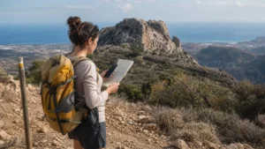 Traveller using a smartphone while exploring cyprus hiking mobile internet