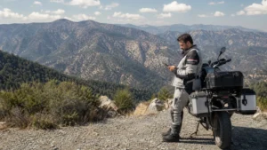 Traveller using a smartphone during cyprus motorcycle trip internet