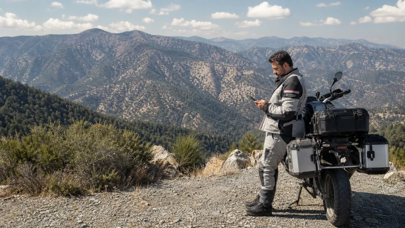 Traveller using a smartphone during cyprus motorcycle trip internet