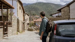 Traveller using a smartphone while exploring cyprus remote villages mobile internet guide