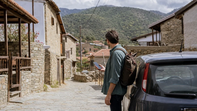 Traveller using a smartphone while exploring cyprus remote villages mobile internet guide