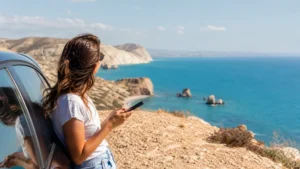 Traveller using a smartphone during cyprus road trip mobile internet