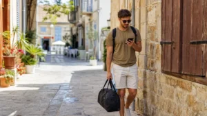 Weekend traveller checking a smartphone in Larnaca