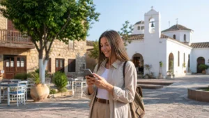 Traveller using a smartphone during cyprus solo travel internet