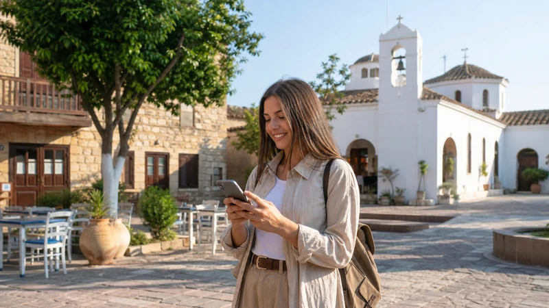 Traveller using a smartphone during cyprus solo travel internet