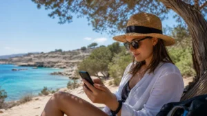 Traveller using a smartphone during cyprus summer travel internet