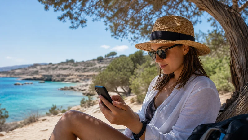 Traveller using a smartphone during cyprus summer travel internet
