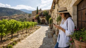 Traveller using a smartphone while exploring cyprus wine villages mobile internet guide