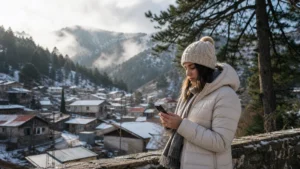 Traveller using a smartphone during cyprus winter travel internet